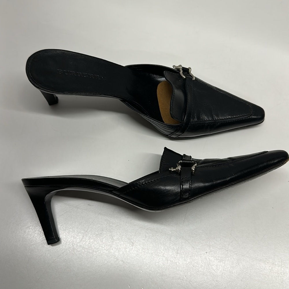 Burberry Black Leather Pointed Toe Mule Heels with Silver Hardware
